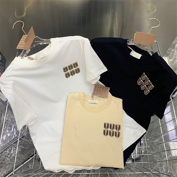 

Luxury Designer Women T Shirts Contrast Color Tees Tops Rhinestone Letter Short Sleeve Shirts Casual Holiday Holiday Girl Lady Shirt, White with label#1219
