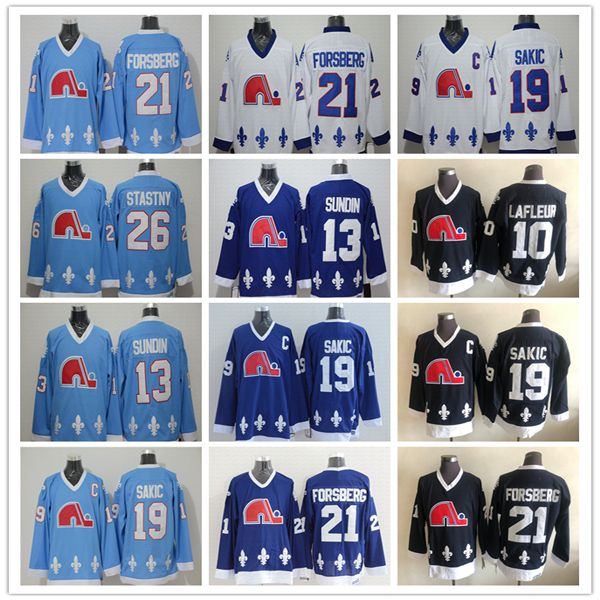 

Men Retro 19 Joe Sakic Quebec Nordiques Hockey Jersey 21 Peter Forsberg 13 Mats Sundin 26 Peter Stastny 10 Guy Lafleur Light Blue White Navy Sports Uniforms, As pic