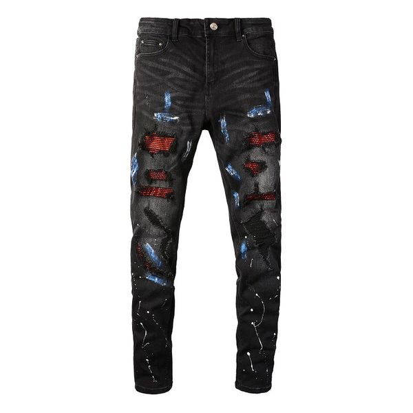 

American fashion denim casual trousers cotton youth black Paint hole patch men's jeans slim amiryes usa size