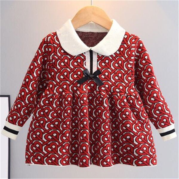 

Girls Dress Knitted Princess Sweater Dresses Spring Autumn Letters Printed Kids Baby Dress Long Sleeve Bowknot Children Clothing, Red