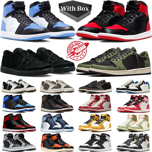 

With Box Men Women 1 Basketball Shoes 1s UNC Toe low Olive Black Phantom Reverse Mocha Satin Bred Patent Yellow Ochre Palomino Lost Found Mens Trainer Sneakers, #9