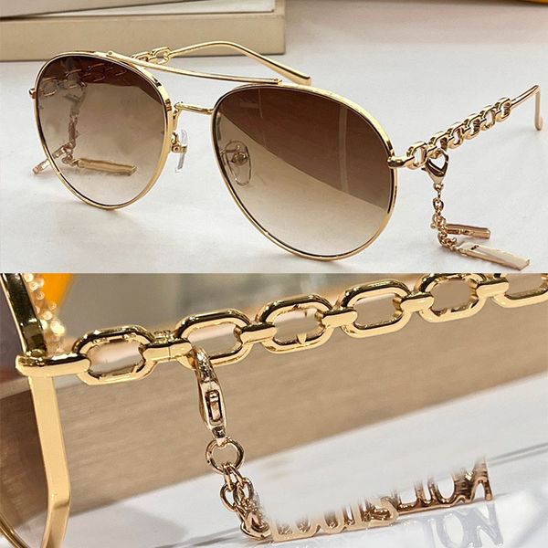 

Designer luxurious elegant women metal chain policy sunglasses oval frame metal chain linked mirror legs with letter floral decoration travel and vacation Z1539W