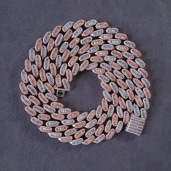 

Custom Color 2 Tones Sterling Sier Baguette VVS Moissanite Diamond Iced Out Cuban Link Chain Necklace