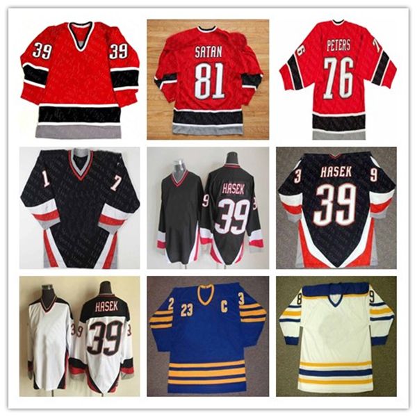 

Vintage Hockey Jersey 39 DOMINIK HASEK 48 Daniel Briere 29 JASON POMINVILLE 9 DEREK ROY Jason Woolley Brian Campbell Curtis Brown Miroslav Satan Pat Lafontaine SABRE, Man retro white