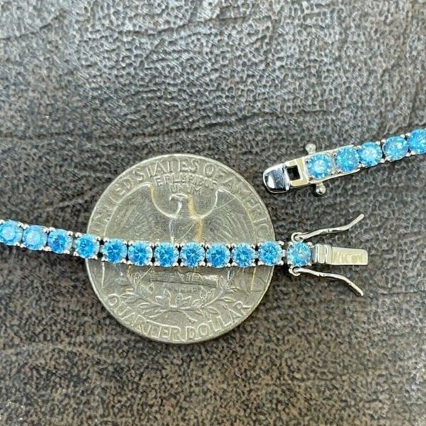 

Women Jewelry Real SOLID Sterling Sier 3Mm Blue Cubic Zirconia Aquamarine Iced Out Diamond Tennis Chain Bracelet