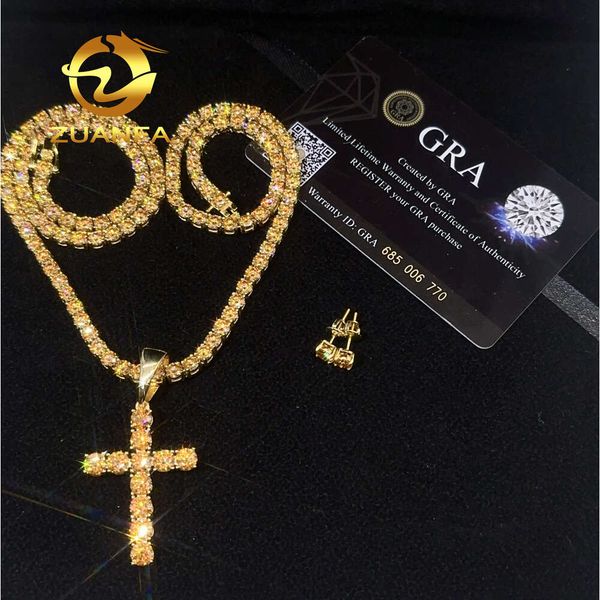 

Custom Fashion Jewelry Iced Out Golden Champagne Color 4Mm Sier Moissanite Tennis Chain Hip Hop Necklace Pendant Set