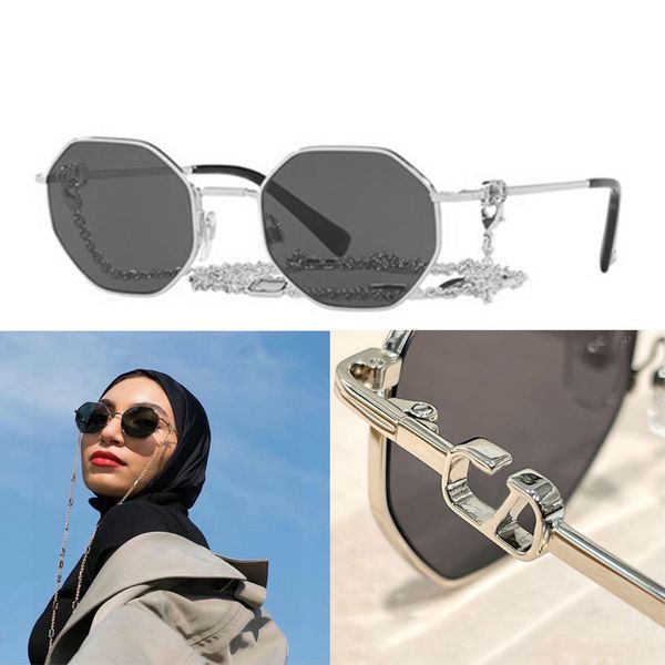 

Designer women chain rectangular metal sunglasses simple and luxurious women metal frame V-character logo on temples VA2040 travel and vacation Sonnenbridge