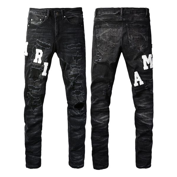 

Usa Size Man Denim Leather Embroidered Letter Amiryes Hole Patch Jeans Elastic Slim Fit Pants Youth Black