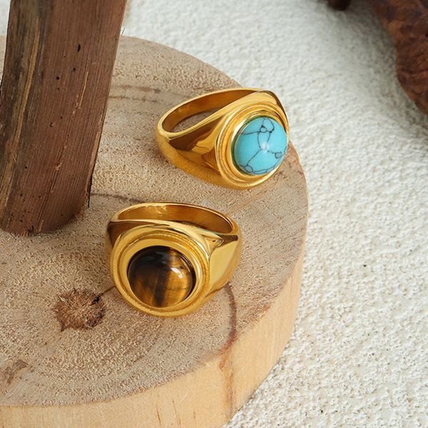 

Vintage Tiger Eye Stone Ring, Statement Blue Turquoise Solitaire Ring, Retro Royal Palace Style, Personalize Light Luxury Couple Ring Gold Plated Titanium Ring