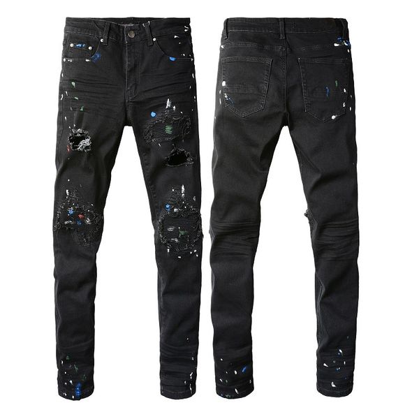 

High Stree Casual Man Black Slim Pants Couple Amiryes Hole Patch Painted Jean Plus Size Usa