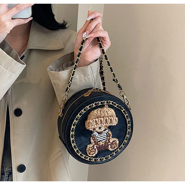 

Fashionable women shoulder bags 3 colors cute cartoon round handbag street trend plush chain bag niche fashion stereotypes leather backpack factory outlet, Black