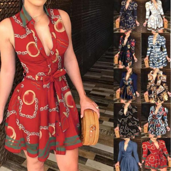 

Plus Size Women Dresses Bandage Shirt Spring Summer Lace Up Button Down Chain Printed Lapel Neck Party Designer Fashion Sexy Dress  Fall Clothes, 06_color