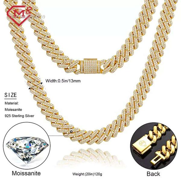 

13Mm VVS Moissanite Miami 2 Rows Hiphop Out Sterling Sier Cuban Link Chain Iced