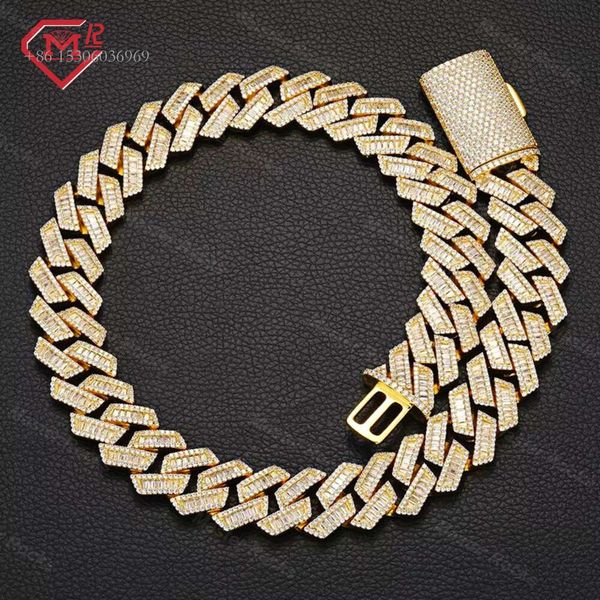 

Hiphop Baguette 20Mm Gold Plated Sterling Sier Iced Out Moissanite Cuban Link Chain