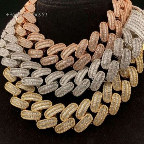 

Hiphop Sterling Sier Iced Out 26Mm 2 Rows Baguette Cut Moissanite Cuban Link Chain Necklace