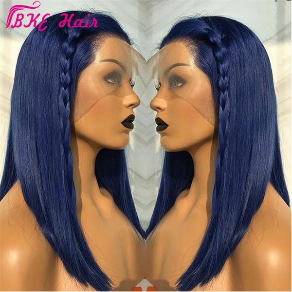 

High Wigs quality simulation human hair dark blue lace frontal wig Long straight synthetic Lace Front Wig glueless for African American, Ombre color