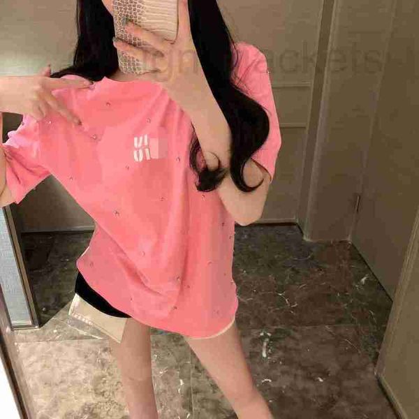 

women's t-shirt designer summer letter printing full body heavy work nail diamond cotton short sleeve t-shirt pink loose bbbu, White
