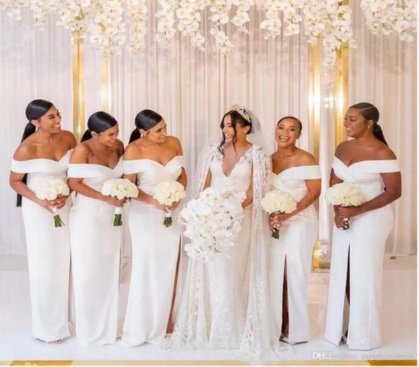 

2022 country white off the shoulder satin long bridesmaid dresses ruched split sweep train wedding guest maid of honor dresses plu8733113, White;pink