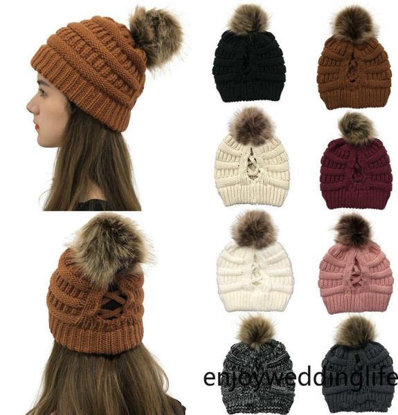

2020 trendy ponytail hats cable slouchy skull caps winter knitted fur poms beanie label fedora fashion leisure outdoor hats6906444, Yellow