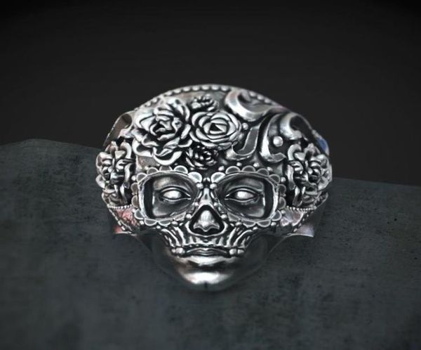 

unique 316l stainless steel heavy sugar skull ring mens mandala flower santa muerte biker jewelry size 7 143761050, Silver