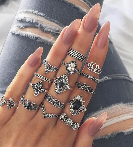 

9 styles bohemian midi knuckle finger rings set for women vintage retro silver lotus flower crowncrystal geometric ring female jew4231804, Golden;silver