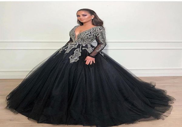 

dubai arabic black evening gown prom dresses v neck long sleeves sequined beads lace applique sweet 16 dresses quinceanera dresses2698322, Black;red