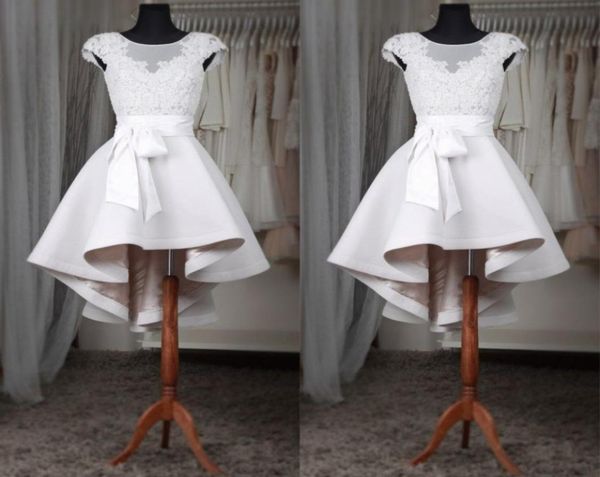 

white short homecoming dresses sheer neck cap sleeves appliques lace satin custom made high low prom dresses fast 9831121, Blue;pink
