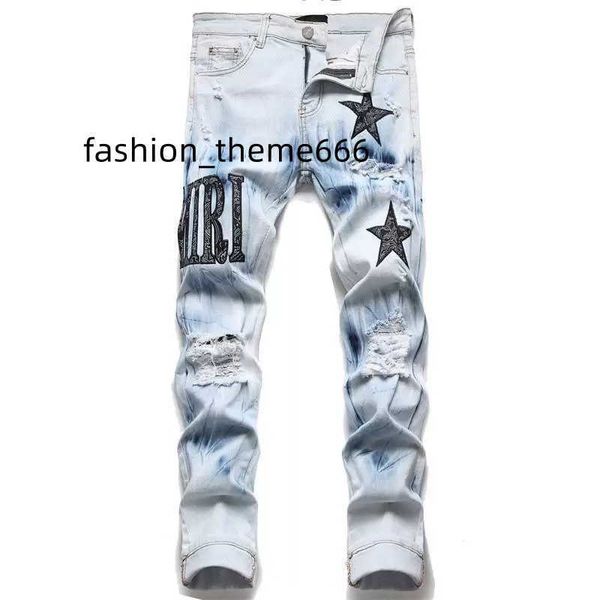 

designer mens jeans european jean hombre letter star men embroidery patchwork ripped for trend brand motorcycle pant mens skinny, Blue