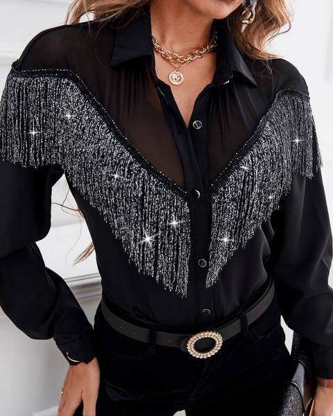 

women's blouses shirts spring autumn women tassel sheer mesh button front shirt femme turn down collar long sleeve office lady outfits, White