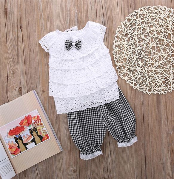 

2pcs kids baby girls outfit clothes cute lace plaid sets sleeveless shirt short pants 6785604, White