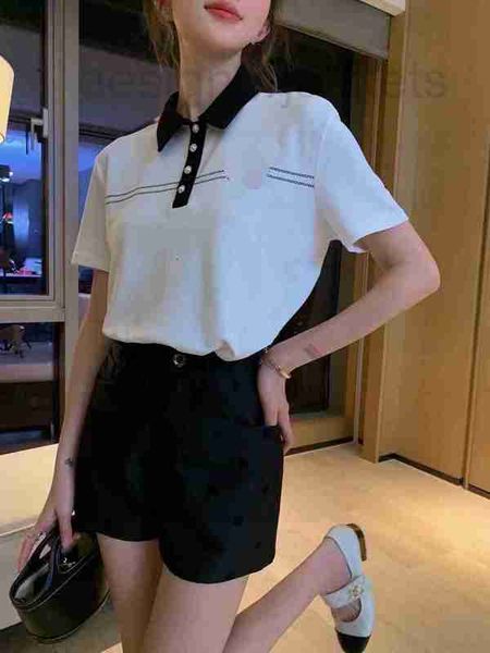 

women's t-shirt designer 23 summer new black and white contrast polo with pearl button polo shirt short sleeve off shoulder t-shirt 4gn