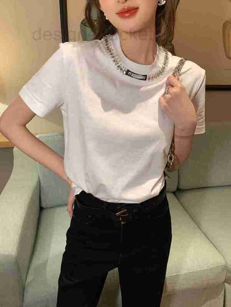 

women's t-shirt designer heavy industry nail beads water diamond round neck cotton short sleeve t-shirt white versatile fresh and age r