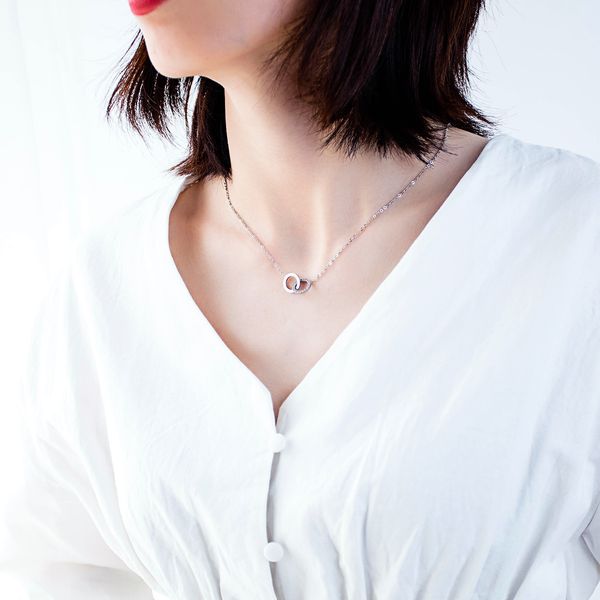 

double ring diamond-encrusted pendant women's simple temperament ring interlocking necklace plated rose gold ladies clavicle chain, Silver