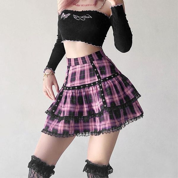 

jeans lolita cake mini skirts gothic japanese haruku girls purple pink plaid pleated skirt punk sweet lace kawaii cosplay costume, Blue