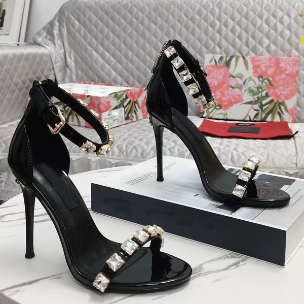 

summer 2023 brand keira polished calfskin sandals shoes with rhinestones studs high heels patent leather lady dress wedding gladiator sandal, Black