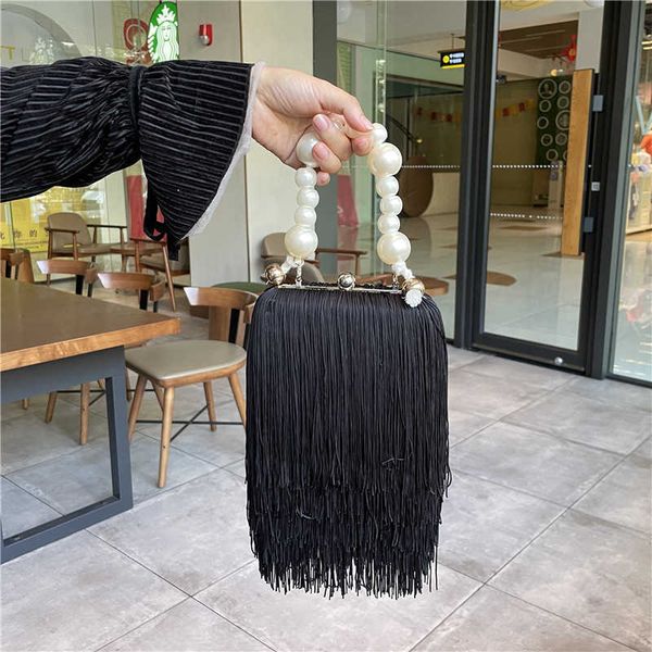 

shoulder bags tassel small square female pearl chain handbag dinner long clutch black evening 230426