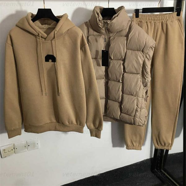 

women tracksuit stay warm three piece outfit plaid woven cotton vest jacket c letter long sleeve hooded padded sweater elastic waist padded, White