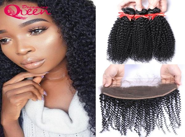 

mongolian kinky curly virgin human hair 3 bundles with ear to ear lace frontal unprocessed human remy hair bleached knots 6433945, Black;brown