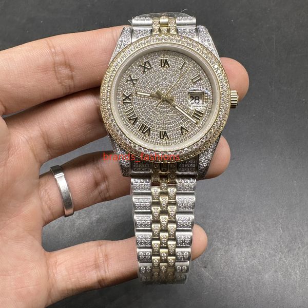

new models iced out diamonds watch 2tone gold case gold diamond face roman numerals 2813 automatic 41mm, Slivery;brown