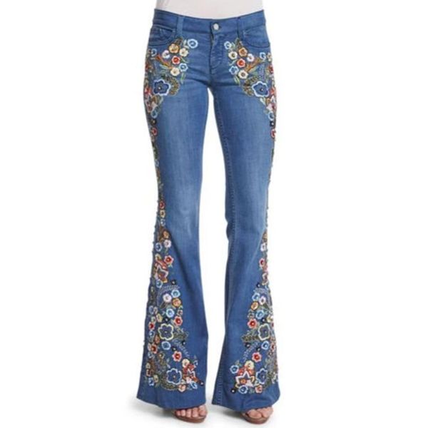 

jeans streetwear flower embroidery skinny jeans woman y2k vintage flare denim pants womens jeans femme 4xl korean ropa mujer, Blue