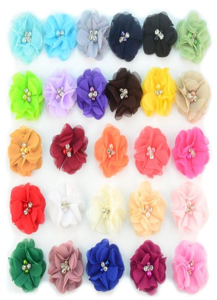

27colors chiffon flowers with pearl rhinestone center artificial flower fabric flowers children hair accessories baby headbands fl9495641, Slivery;white