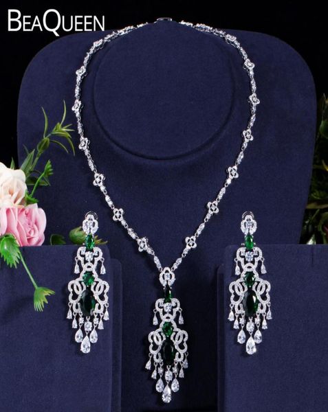 

beaqueen green crystal micro pave cz stone large hanging drop earrings necklace set for women wedding jewelry gift js030 cx2008081933429, Slivery;golden