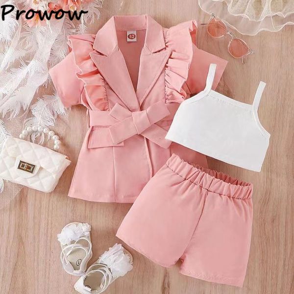 

clothing sets prowow 3 7y kids clothes blazer girls outfit belted pink laple jacket vest trousers children summer suit for 230630, White