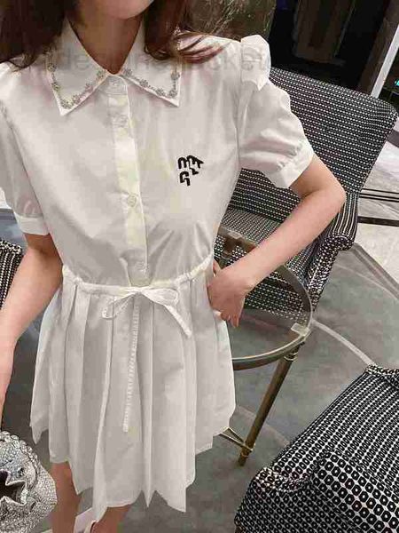 

basic & casual dresses designer summer new heavy work nail diamond embroidery letter flip collar women's dress white waist show thin pl, Black;gray