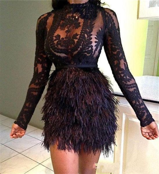 

new arrival black lace short further 2019 a line cocktail dresses high collar long sleeve zipper illusion appliques tulle par3035365