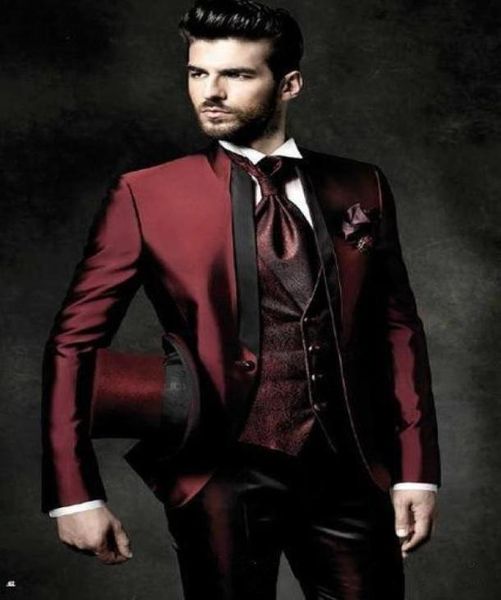 

one button shiny dark red groom tuxedos stand collar groomsmen man suits mens wedding suitsjacketpantsvestti2039632, Black;gray