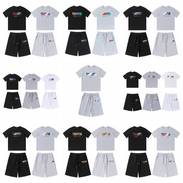 

trapstar rainbow gradient towel embroidered short sleeve shorts loose fit sports casual set cotton men's and women's summer, White;black