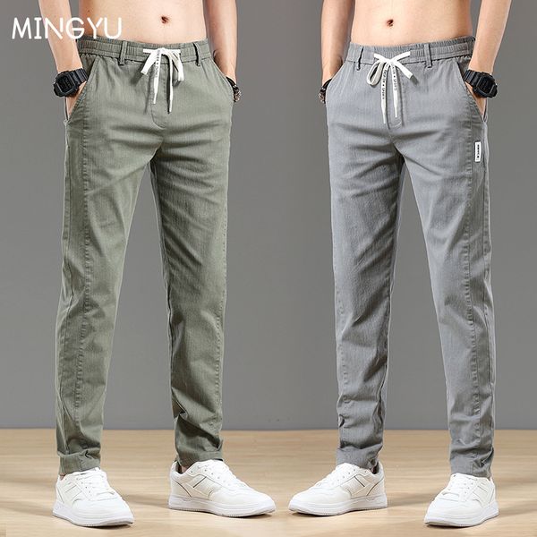 

men's pants spring summer cottom fashion classic drawstring elastic waist jogging thin stretch casual grey cargo trousers male 230630, Black