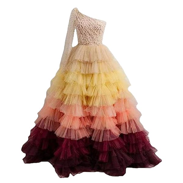 

gorgeous colorful tiered tutu tulle evening dresses pearls beaded one shoulder romantic long prom dress custom made women special occasion p, Black