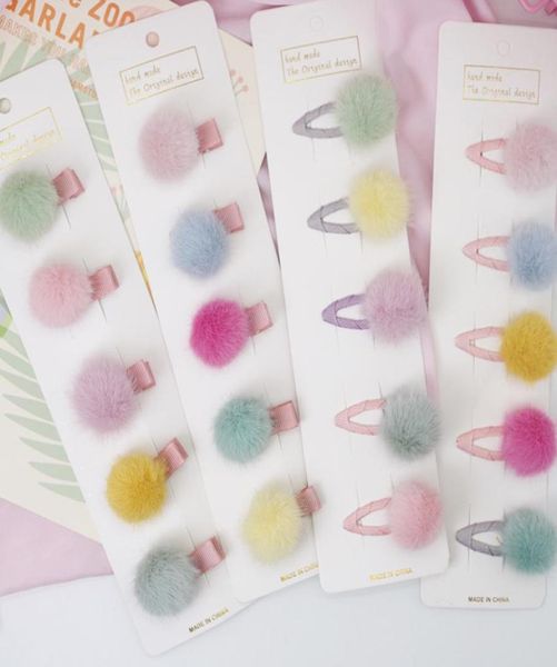 

5pcs lovely girls pompom hairpins with small soft fur mini ball gripper hairball pom hairclips children hair accessories 1010 x24057224, Slivery;white